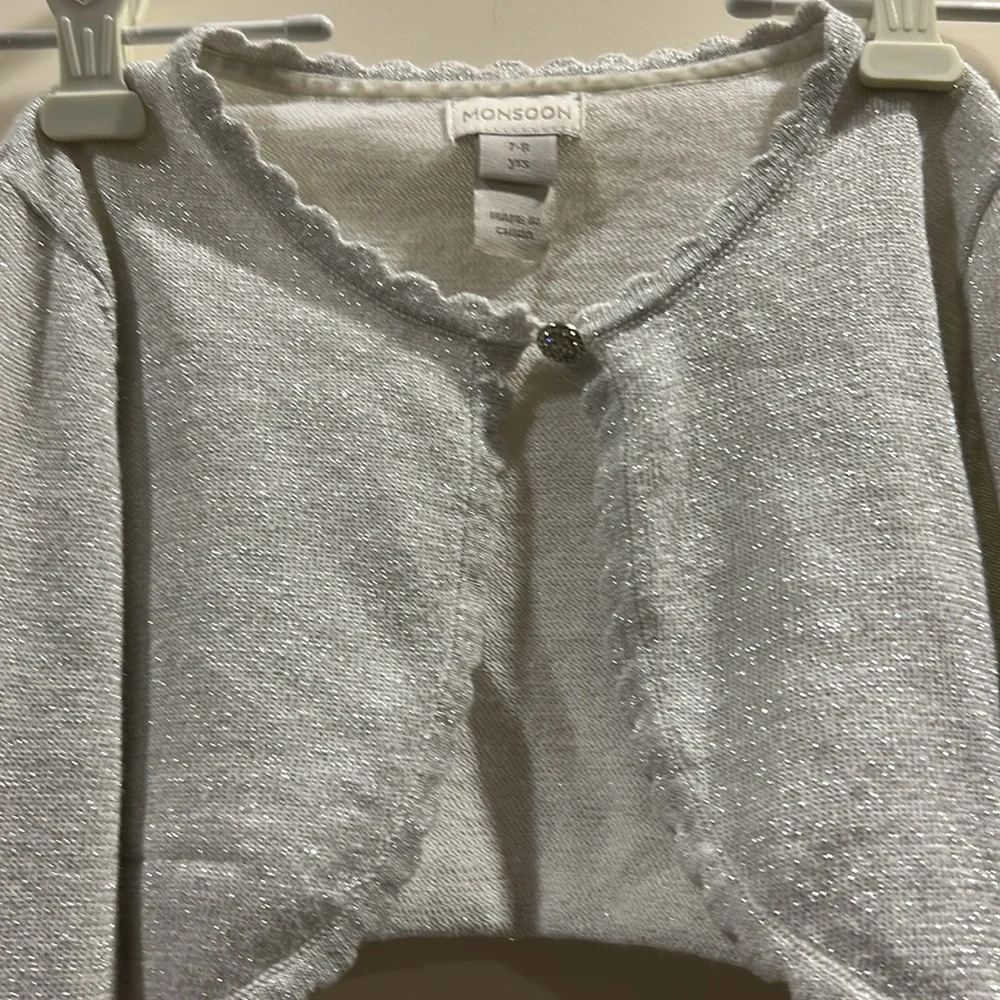 Monsoon SPARKLY SHRUG rhinestone button scalloped trim long sleeve size 7-8 yrs